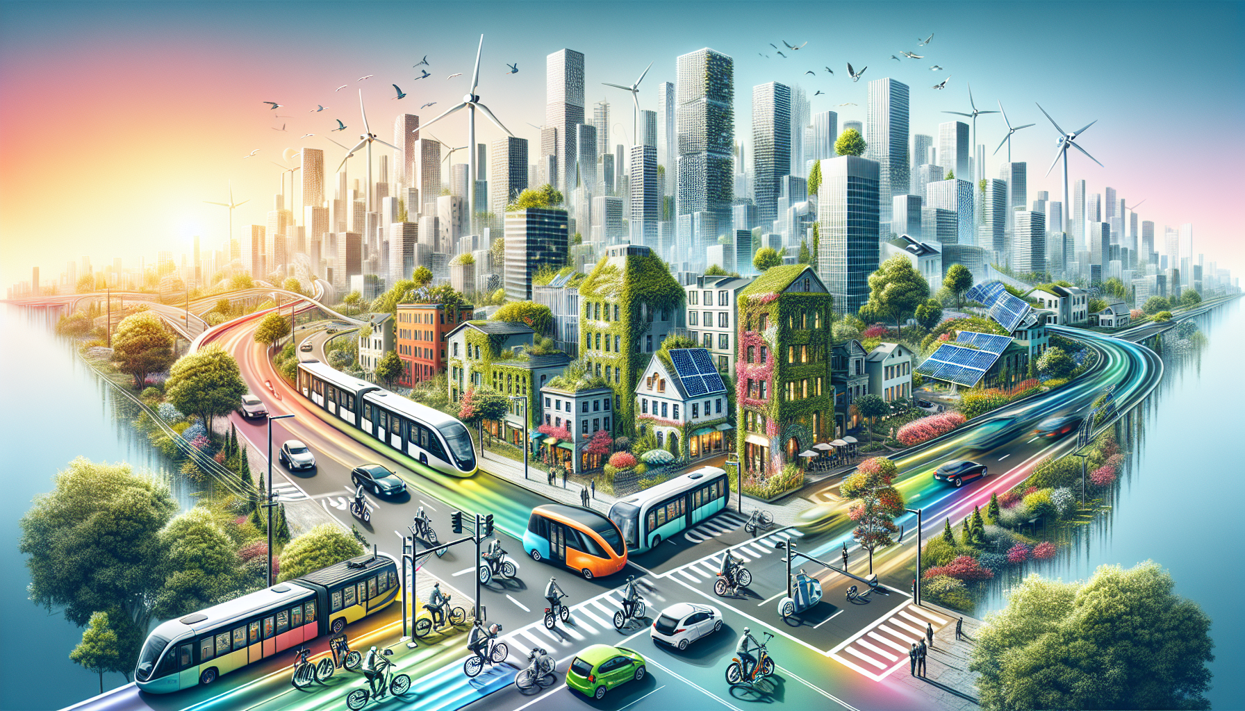 A professional, cinematic photograph illustrating the concept of Sustainable Mobility Solutions: Beyond Solar. High quality, soft natural lighting. Style: Visual Theme: Clean, modern aesthetic with high contrast and vibrant energy. Emphasize the intersect, high quality, professional, detailed, well-composed.